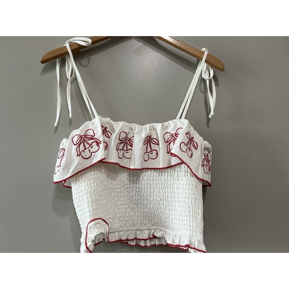 NWT Thirty/Thirty LA White Red Cherry Print Linen Blend 2 Piece skirt Set Size L - Picture 4 of 10